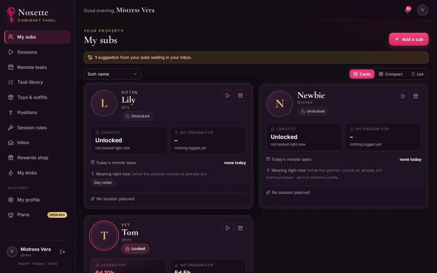 The overview of your subs with chastity status and today’s tasks