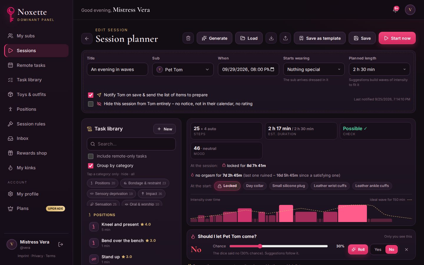 The Noxette session planner with an intensity wave
