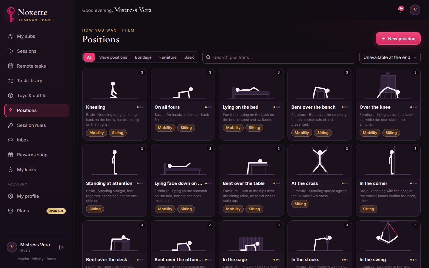 Library of positions with drawings and restraint points