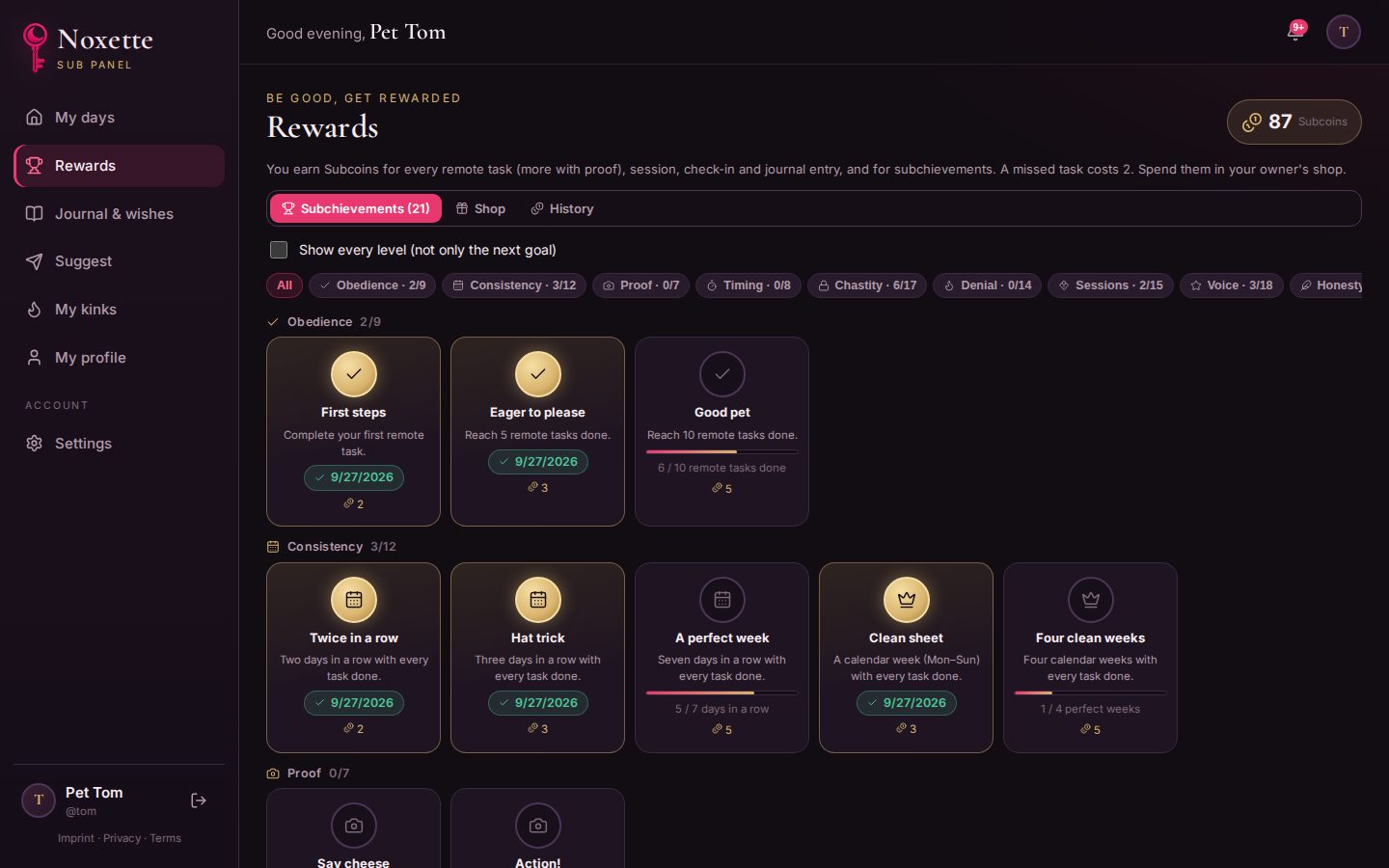 The rewards page of a sub: Subcoins and subchievements