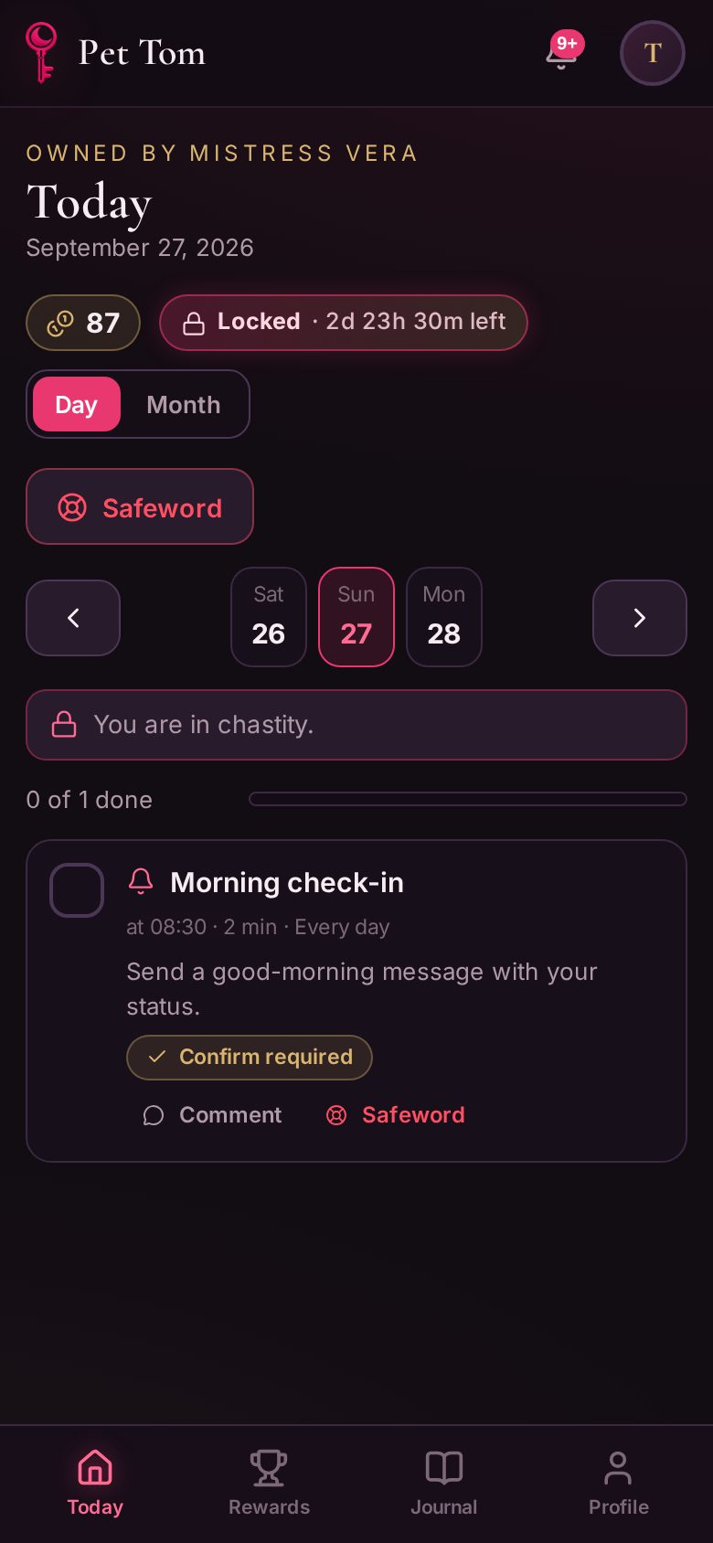Home screen of a submissive with rules and today's tasks